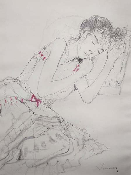 ジャン・ジャンセン　「バラ色の背景の眠る少女」　65x50㎝-水彩